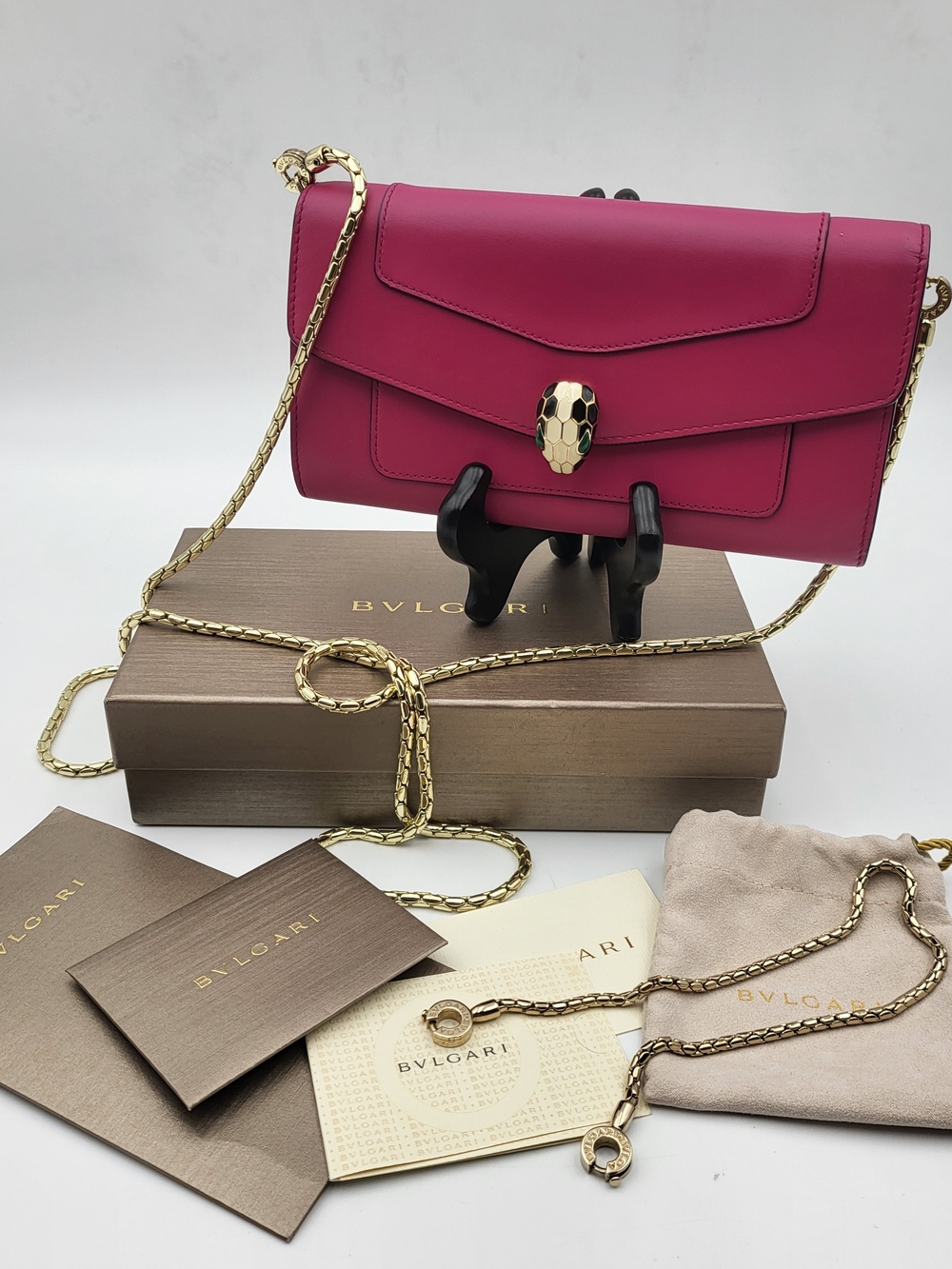 BVLGARI Serpenti Forever Calfskin Leather Rose Pink Crossbody WOC. Authentic.